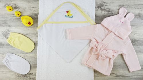 Hooded Towel, Bath Mittens and Robe (Color: Yellow/White/Pink, size: Newborn)