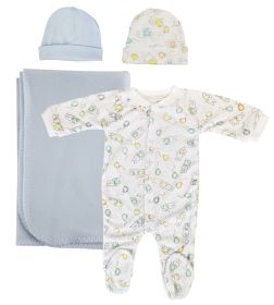 Boy Newborn Baby 4 Pc Layette Sets (Color: White/Blue, size: small)